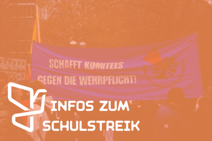 Das Logo des Netzwerk Friedenskooperative mit dem Schriftzug Infos zum Schulstreik. Im Hintergrund sind die Schülerproteste zu sehen.