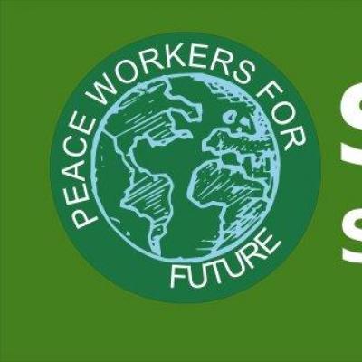 Banner "Peace workers for future: Stop Wars - Save the Planet"